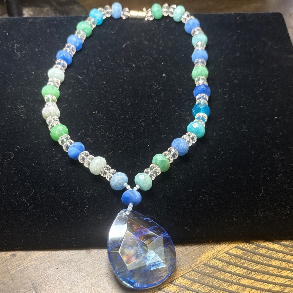 Blue & Green Crystal Teardrop Statement Necklace